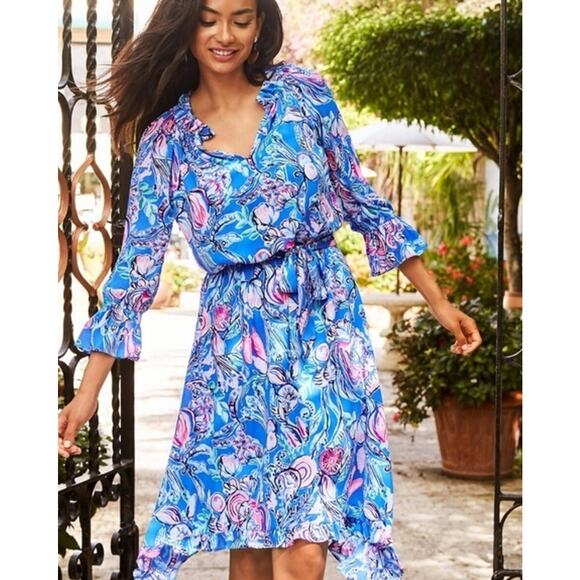 Lilly Pulitzer Dress, Small, Alyanna Belted Midi Blue Flattering Blousey Sleeved - Picture 1 of 10